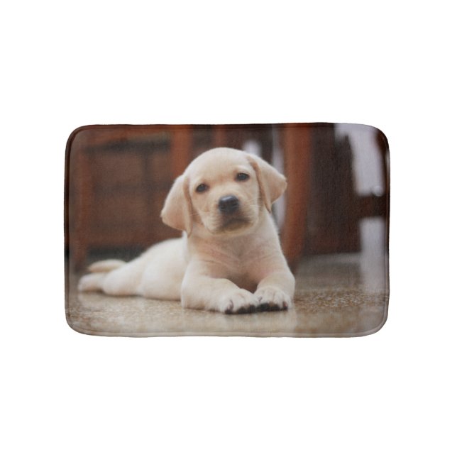 Baby Yellow Labrador Puppy Dog laying on Belly Bath Mat (Front)