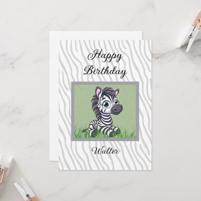 Baby Zebra birthday card for child (Front/Back In Situ)