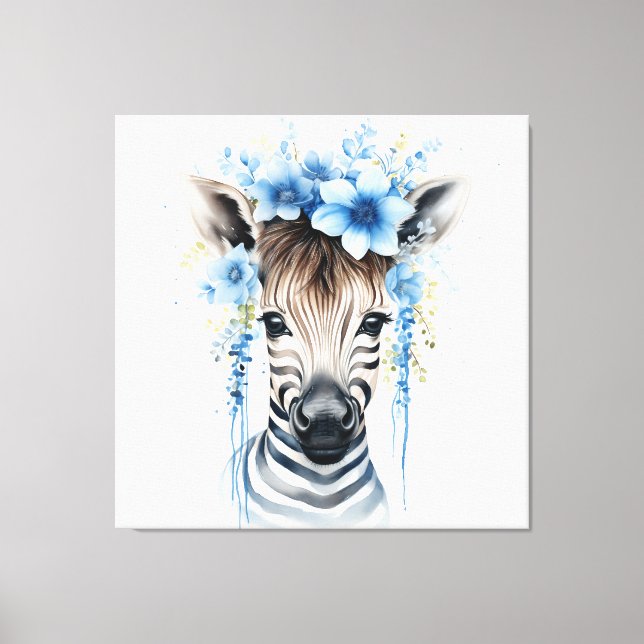 Baby Zebra – Blue Flower Crown Canvas Print (Front)