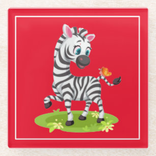 Baby Zebra Drawing Playing with Butterfly-23960 Glass Coaster