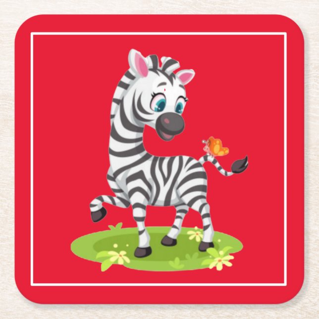 Baby Zebra Drawing Playing with Butterfly-23960 Square Paper Coaster (Front)