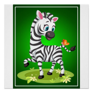 Baby Zebra Drawing Playing with Butterfly Poster