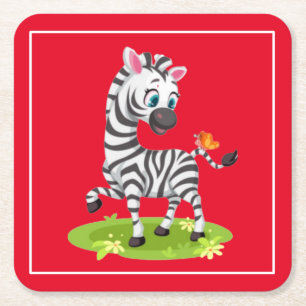 Baby Zebra Drawing Playing with Butterfly Square Paper Coaster
