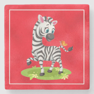 Baby Zebra Drawing Playing with Butterfly Stone Coaster
