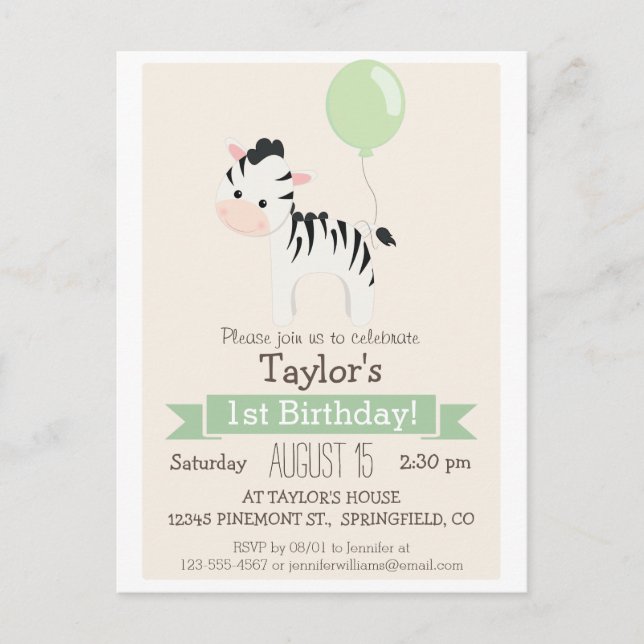 Baby Zebra Kid's Birthday Party Invitation (Front)