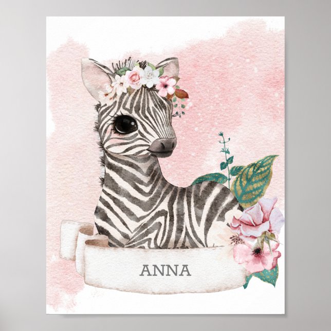 **  Baby Zebra Nursery Girl Jungle Sweet Name Poster (Front)