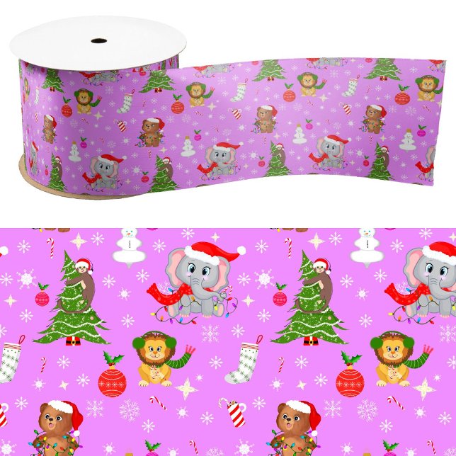Baby Zoo Animals Celebrating Christmas Pink  Satin Ribbon (Creator Uploaded)