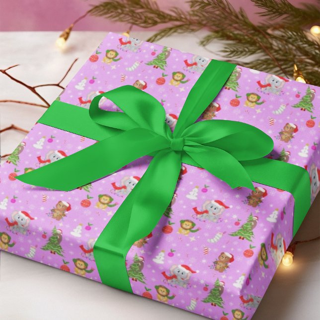 Baby Zoo Animals Celebrating Christmas Pink  Wrapping Paper (Creator Uploaded)