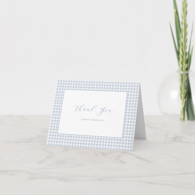 BabyBlue Gingham Personalised Folded Thank You Note Card (Front)