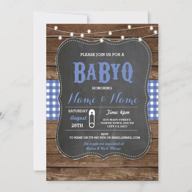 BaByQ BBQ Baby Shower Blue Chalk Wood Invite (Front)