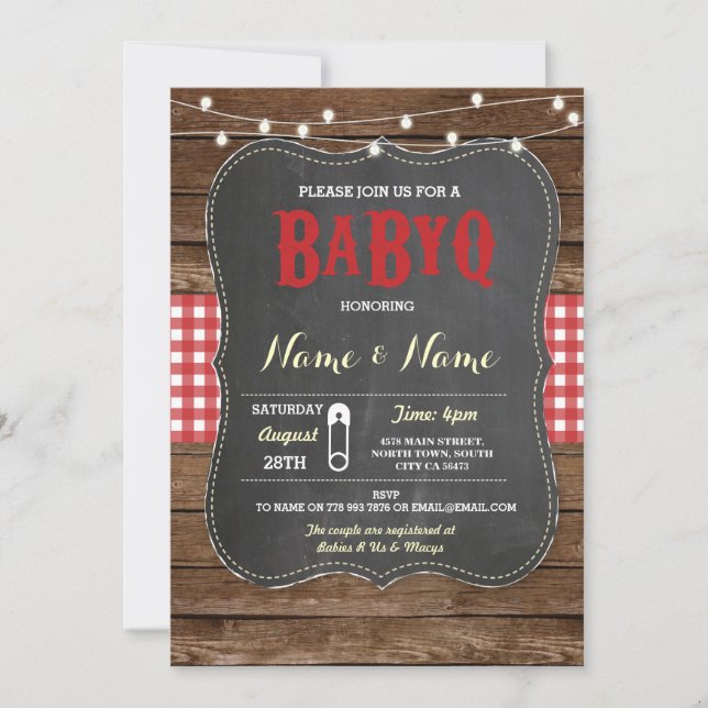 BaByQ BBQ Baby Shower Red Chalk Wood Invite (Front)