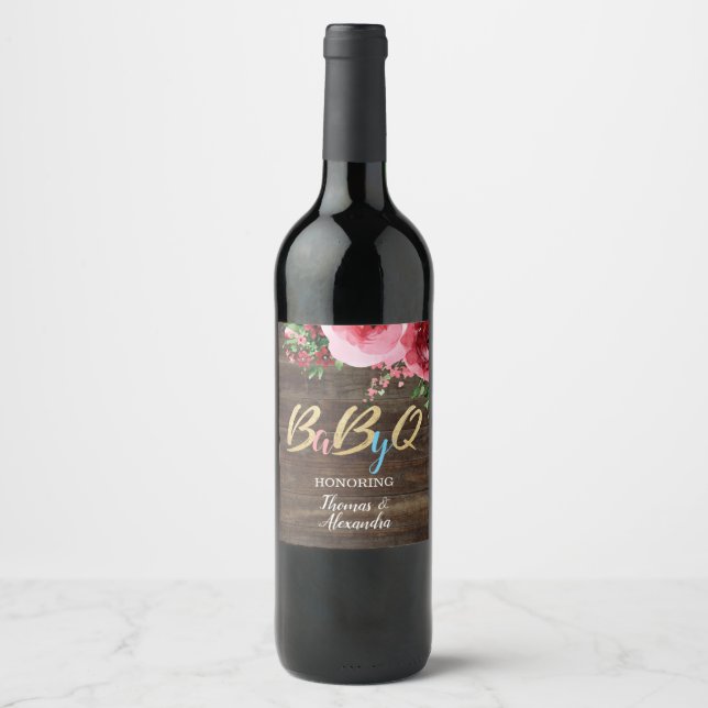 BabyQ BBQ Baby Shower Wine Bottle Label Wood (Front)