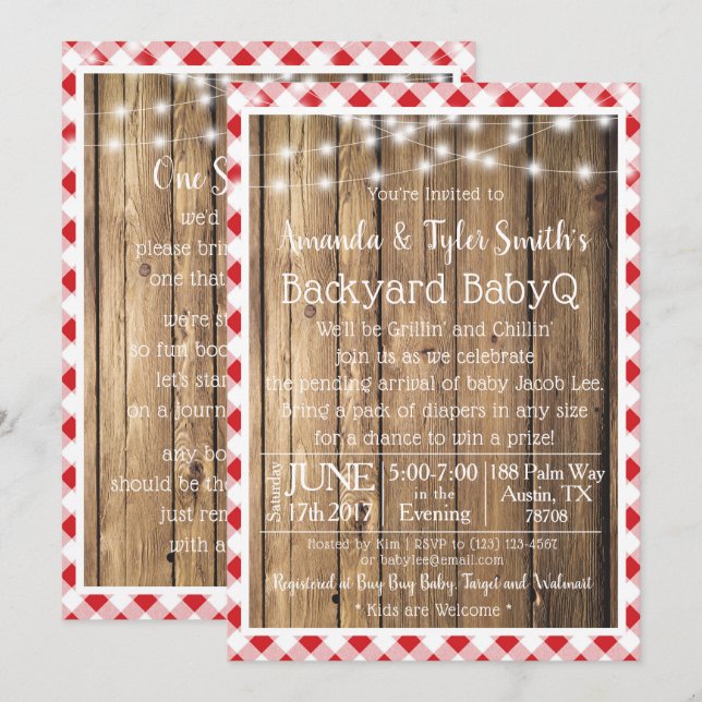 BabyQ BBQ Wood Rustic Red Gingham Baby Shower Invitation (Front/Back)