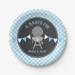 BABYQ Blue Gingham Chalkboard Boy Baby Shower Paper Plate