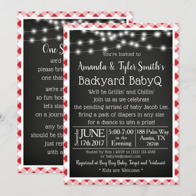 BabyQ Chalkboard Red Gingham Picnic Baby Shower Invitation (Front/Back)