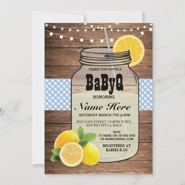 BaByQ Gender Reveal Baby Shower Blue Check Invite (Front)