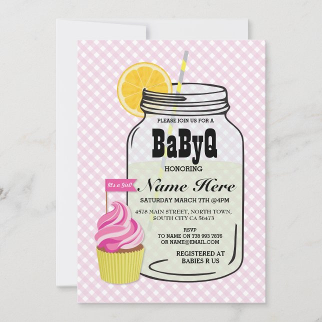 BaByQ Gender Reveal Baby Shower Pink Check Invite (Front)