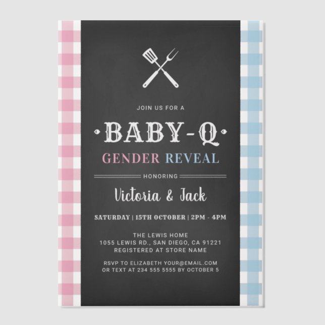 BabyQ Gender Reveal Gingham BBQ Black Vellum Invitations (Front)