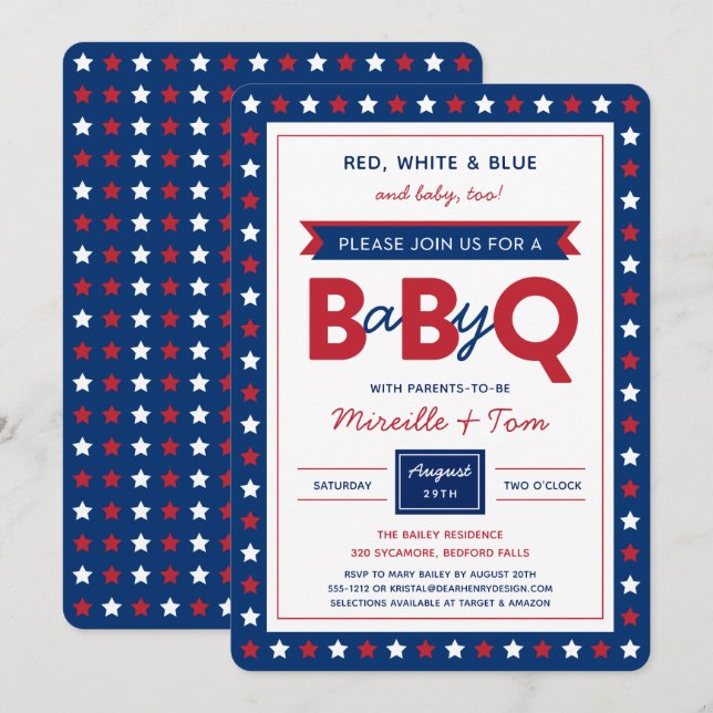 BabyQ or Baby-Q Red White Blue Baby Shower Invite (Front/Back)