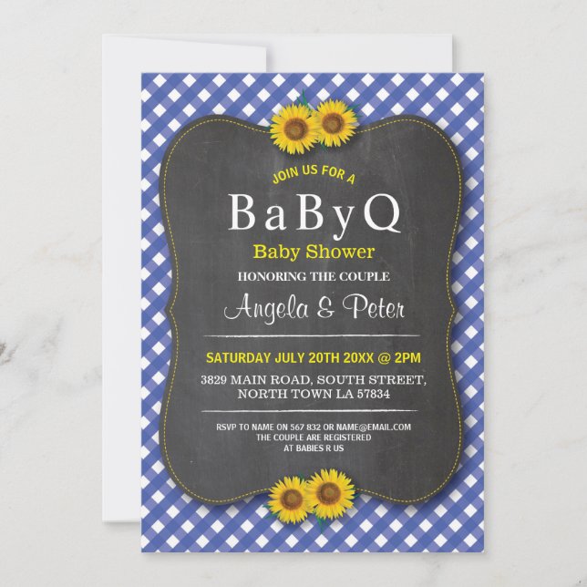BABYQ Sunflower Baby Shower BBQ Couple Blue Invite (Front)