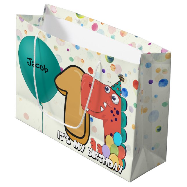 Baby's 1st Birthday Dinosaur Custom Large Gift Bag (Front Angled)