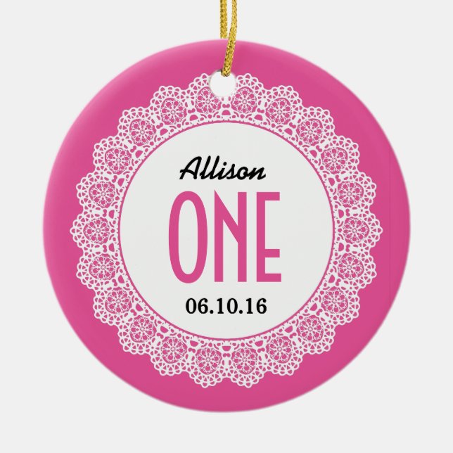 Baby's 1st Birthday Memento Pink with Lace B01 Ceramic Tree Decoration (Front)