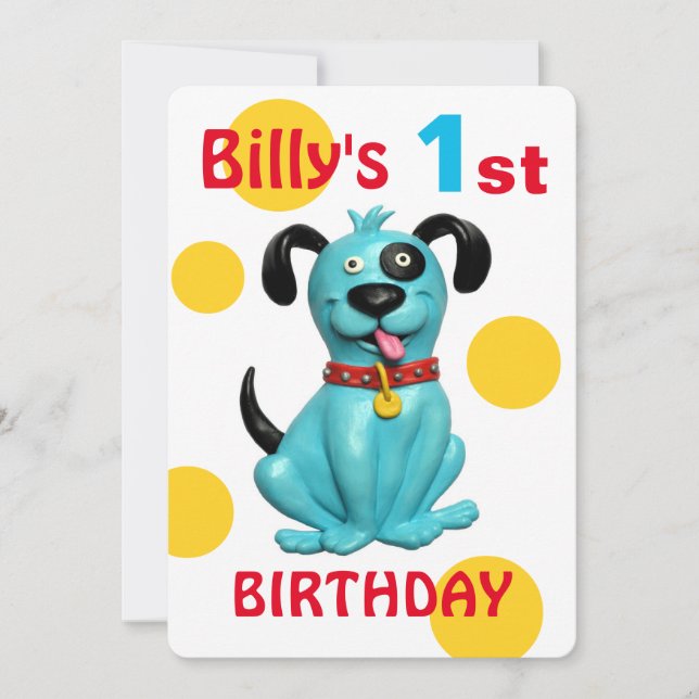 Baby's 1st Birthday Party Cute blue Puppy Dog Boy Invitation (Front)