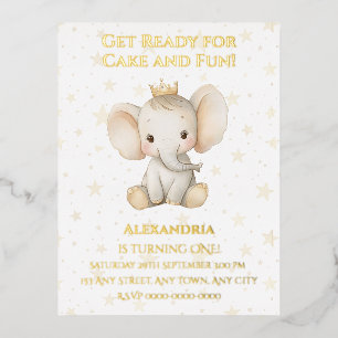 Baby's 1st birthday personalised princess elephant foil invitation postcard
