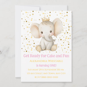 Baby's 1st birthday personalised princess elephant invitation