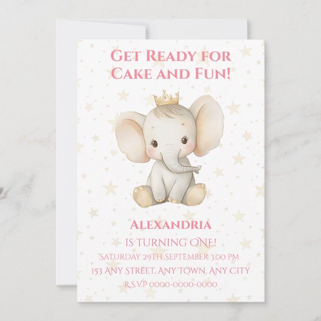 Baby's 1st birthday personalised princess elephant invitation (Front)