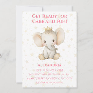 Baby's 1st birthday personalised princess elephant invitation