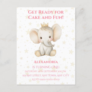 Baby's 1st birthday personalised princess elephant postcard
