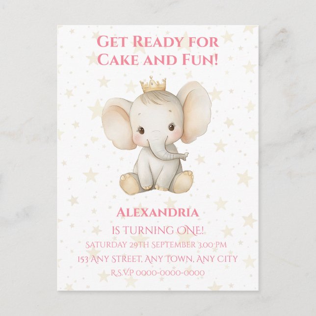 Baby's 1st birthday personalised princess elephant postcard (Front)