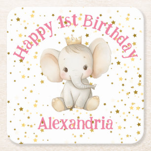 Baby's 1st birthday personalised princess elephant square paper coaster
