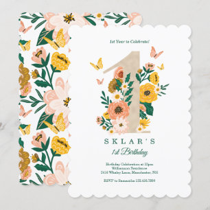 Baby's 1st Birthday Spring Florals Butterflies Invitation