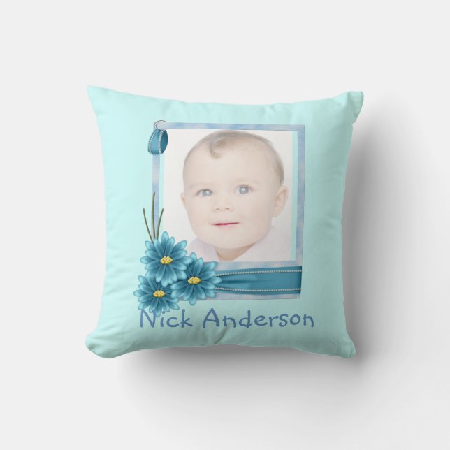 Babys 1st Christmas Blue Daisy Baby Photo Cushion (Front)