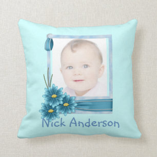 Babys 1st Christmas Blue Daisy Baby Photo Cushion