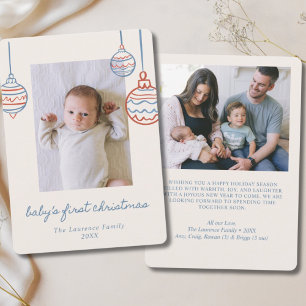 Baby's 1st Christmas Blue & Red Ornament 2 Photo Holiday Card