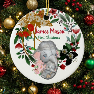 Babys 1st Christmas Botanical Green Wreath Floral Ceramic Tree Decoration