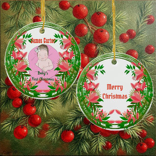 Babys 1st Christmas Custom Photo Botanical Wreath Ceramic Tree Decoration