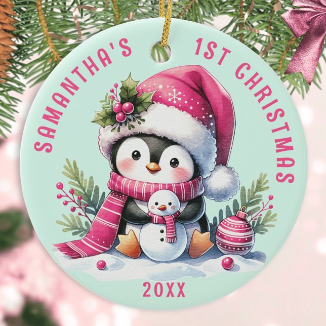 Babys 1st Christmas Custom Pink Mint Cute Penguin Ceramic Tree Decoration (Creator Uploaded)