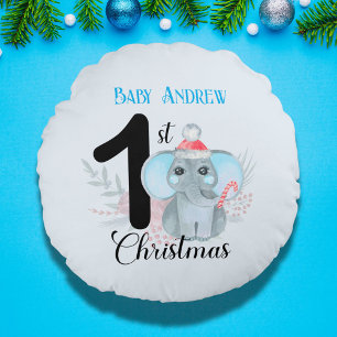 Baby's 1st Christmas Cute Blue Elephant Keepsake Round Cushion