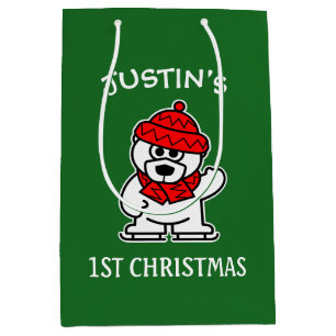 Baby's 1st Christmas cute polar bear personalised Medium Gift Bag