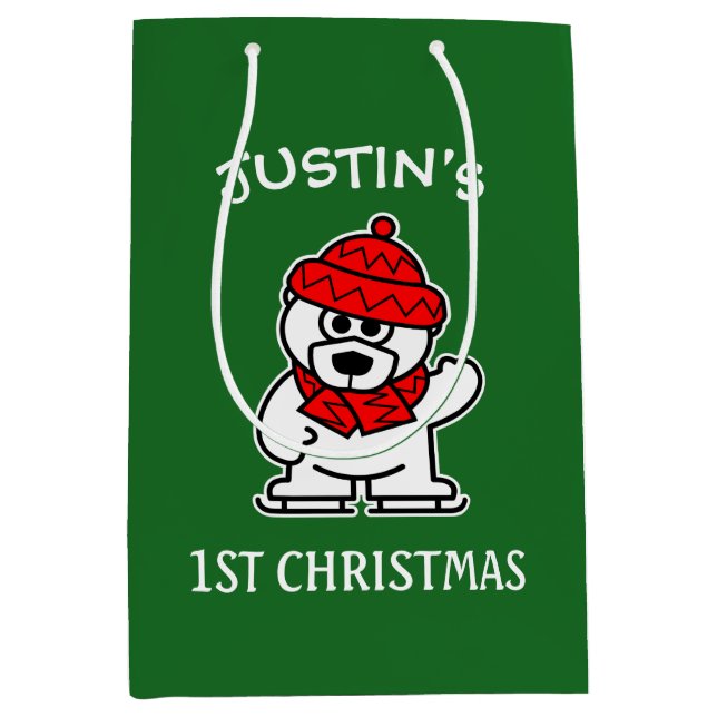Baby's 1st Christmas cute polar bear personalised Medium Gift Bag (Front)