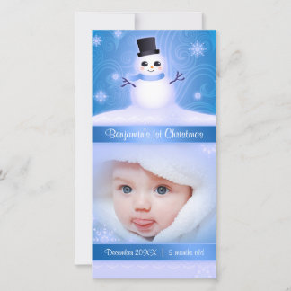 Baby's 1st Christmas Cute Snowman Blue Holiday Card