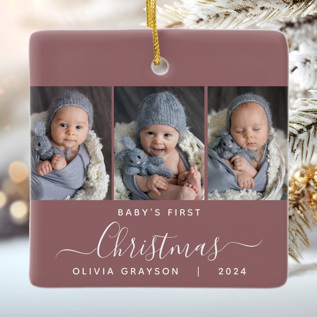 Baby's 1st Christmas Dusty Rose 3 Photo Script Ceramic Ornament (Creator Uploaded)