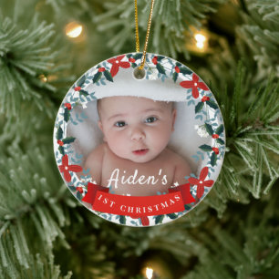 Baby's 1st Christmas Floral Wreath Photo Keepsake Ceramic Tree Decoration
