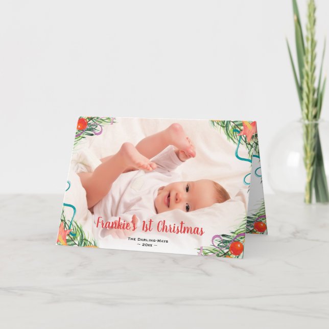 Baby's 1st Christmas Full Bleed Photo White & Red Holiday Card (Front)