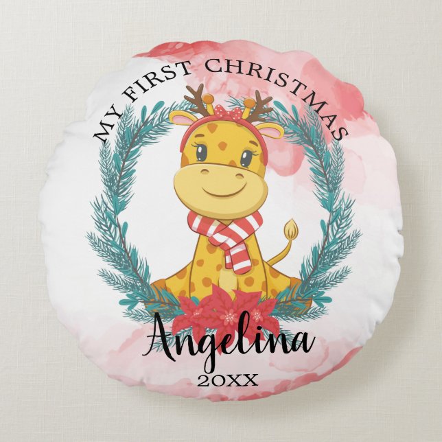 Baby's 1st Christmas Giraffe Poinsettia Wreath Round Cushion (Front)