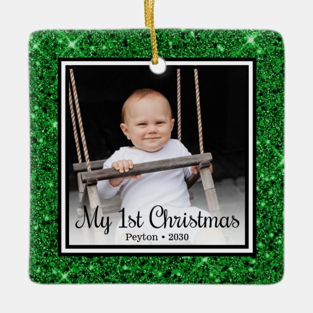 Baby's 1st Christmas Green Glitter Ceramic Ornament (Front)